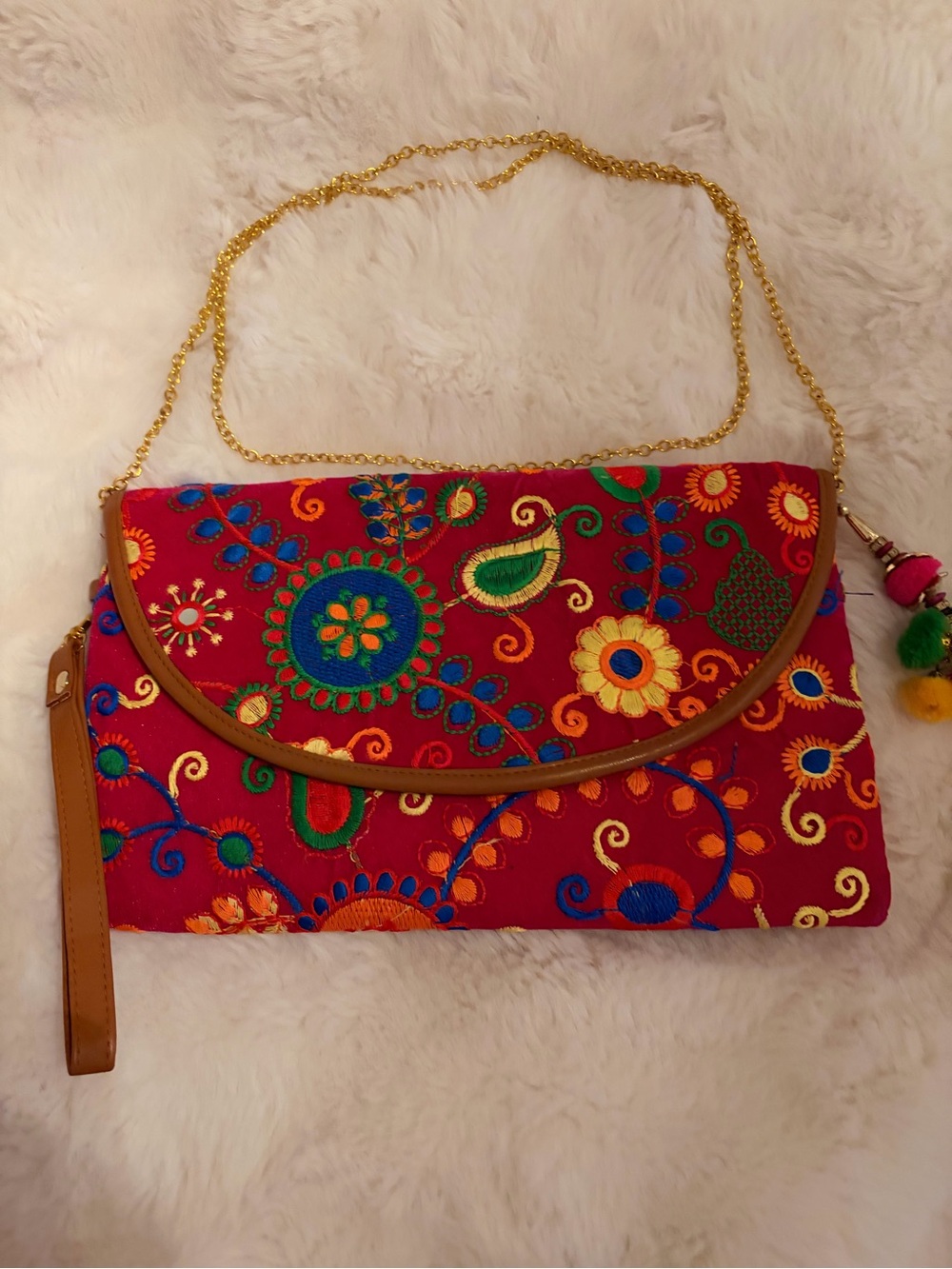 Red Embroidered Floral Clutch with Gold Chain